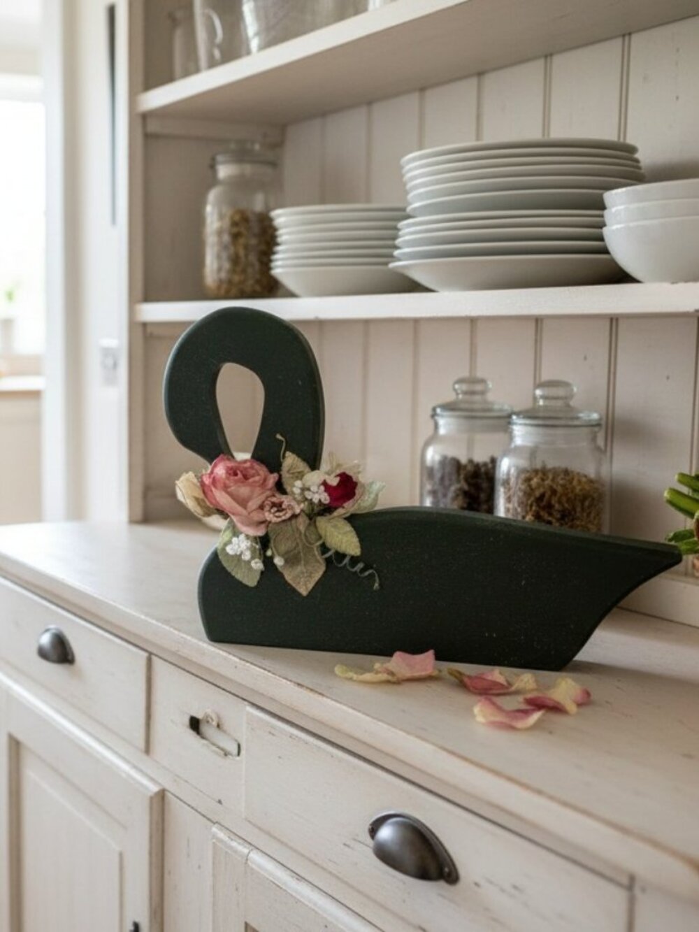 Vintage Wood Goose Dark Green Floral Accent Shelf Decor Swan Duck Cottagecore